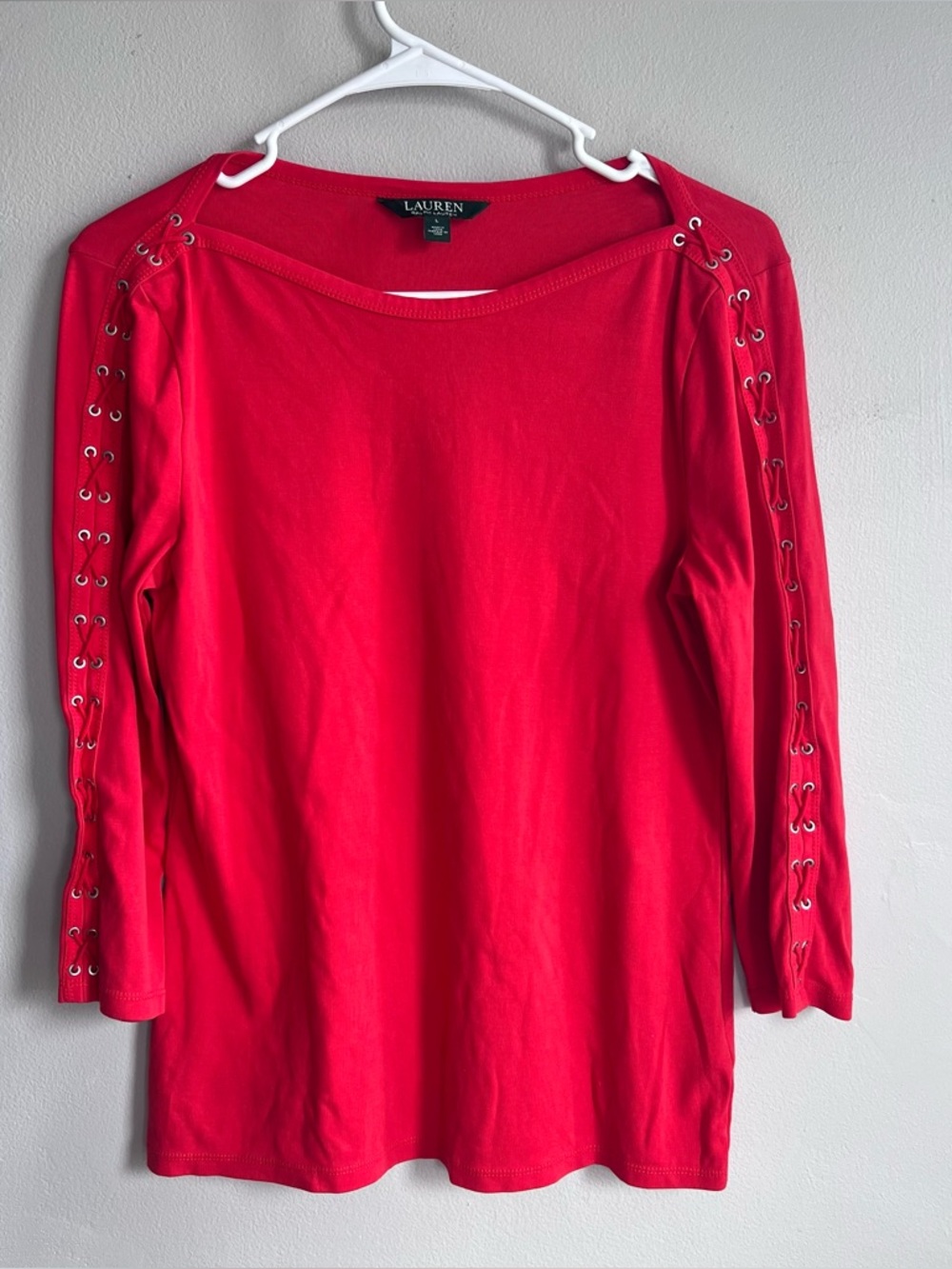 Lauren Ralph Lauren Boatneck Top with Lace Up Sleeves‎ Red L